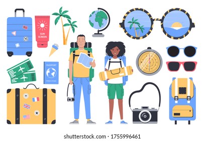 Travel, tourism, summer vacation. Set of flat vector illustration isolated on white background.
