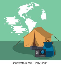 Travel and tourism supplies and elements over world background vector illustration graphic design