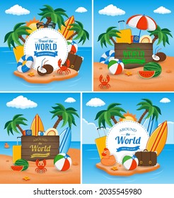 Travel and Tourism template with famous landmarks and travel stuff. Vector illustration