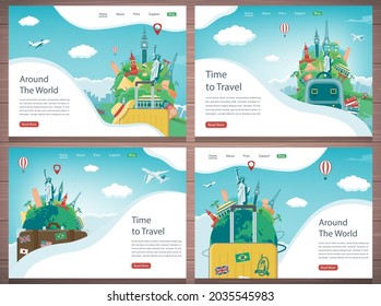 Travel and Tourism template with famous landmarks and travel stuff. Vector illustration