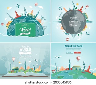 Travel and Tourism template with famous landmarks and travel stuff. Vector illustration