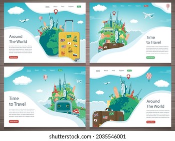 Travel and Tourism template with famous landmarks and travel stuff. Vector illustration