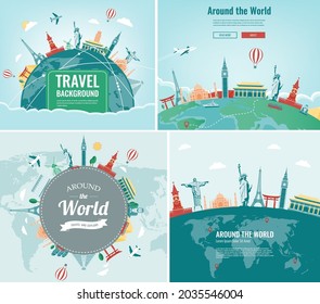 Travel and Tourism template with famous landmarks and travel stuff. Vector illustration