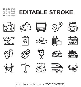 Travel and tourism. Thin line vector. Contains icons such as suitcase, bus, train.