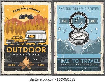 Travel, tourism, trailer home retro posters. Vector rv camping house, motorhome caravan and suv pickup car riding on mountain landscape, vintage cards with compass, route track, traveling vehicle