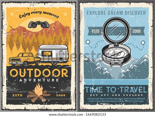 Travel, tourism, trailer home retro posters.\
Vector rv camping house, motorhome caravan and suv pickup car\
riding on mountain landscape, vintage cards with compass, route\
track, traveling\
vehicle