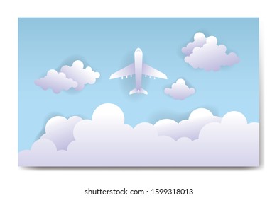 Travel tourism and transport with  illustration cloud and plane with dashed path lines Banner Background 