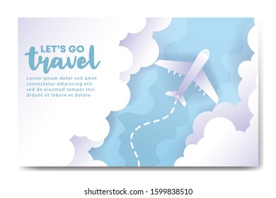Travel tourism and transport with  illustration cloud and plane with dashed path lines Banner Background 