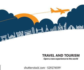 Travel And Tourism And  Transport .The Landmarks Of The World As The Background