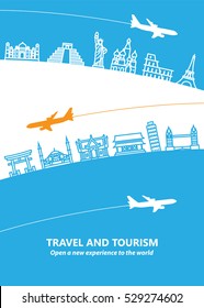 Travel And Tourism And  Transport .The Landmarks Of The World As The Background 