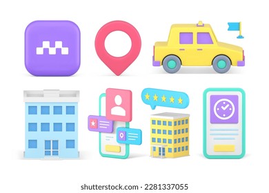 Travel tourism transportation planning smartphone application guide location set 3d icon realistic vector illustration. Touristic urban city taxi map pin pointer hotel booking search trip position