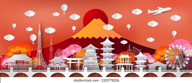 Travel and tourism  .Traval to japan of world famous landmarks  of Japan in autumn season with a plane and balloon.concept vector paper art and digital craft style.