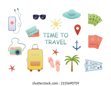 travel and tourism, trip abroad, summer holidays and vacation at sea. vector elements, set for stickers, scrapbooking and tags