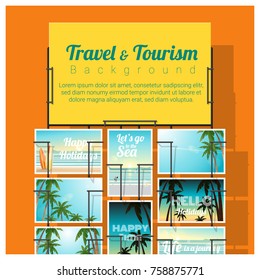 Travel and tourism , tropical sea postcards displayed on colorful background , vector , illustration