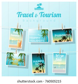 Travel and tourism , tropical sea postcards displayed on colorful background , vector , illustration