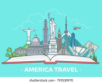 Travel tourism type banner flat linear style vector collage infografics. American vacation monument collage. North and South America sightseeing architecture landmarks tourist attractions on open book