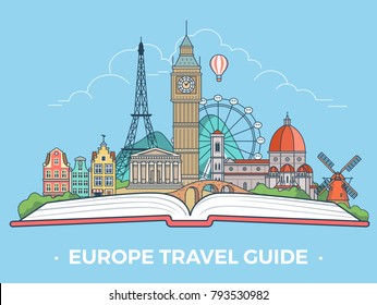 Travel Tourism Type Banner Flat Linear Style Vector Collage Infografics Hero Slider. European Vacation Monument Collage. Europe Sightseeing Landmarks And Tourist Attractions On Open Book.