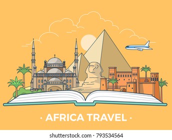 Travel tourism type banner flat linear style vector collage infographics hero slider. African vacation monument collage. Egypt sightseeing landmarks and tourist attractions on open book