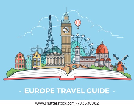 Travel tourism type banner flat linear style vector collage infografics hero slider. European vacation monument collage. Europe sightseeing landmarks and tourist attractions on open book.