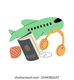 Travel, tourism, vacation concept. Airplane, passport, headphones, seashell. Flat vector illustration isolated on white background