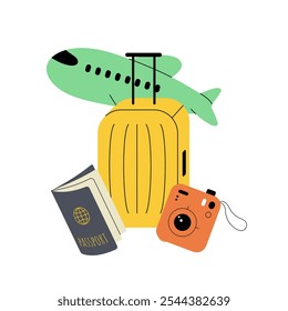 Viajes, turismo, concepto de vacaciones. Maleta, avión, pasaporte, cámara. Ilustración vectorial plana aislada sobre fondo blanco