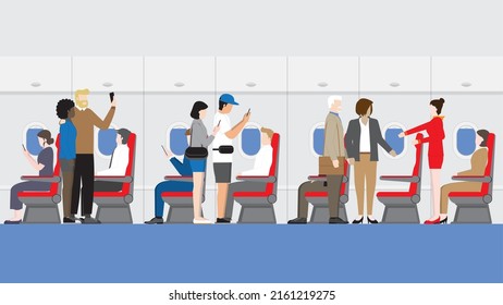 Travel, Tourism, Vacation, Flight, Airline Business And High Density Tourist Concept After Pandemic Covid-19 Coronavirus. Crowded Passengers And Cabin Crew Air Hostess Boarding In The Aircraft Cabin.