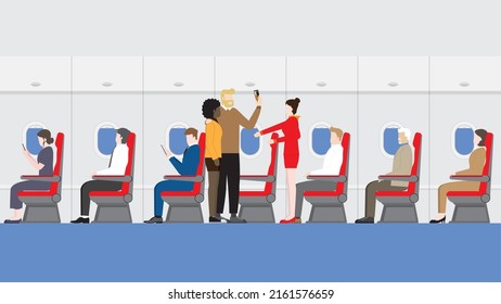 Travel, tourism, vacation, flight, airline business and high density tourist concept. Selfie passengers and cabin crew air hostess boarding in the aircraft cabin.