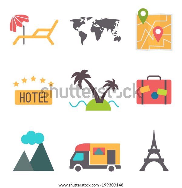 Travel, tourism and vacation icons set,\
flat design vector\
illustration.