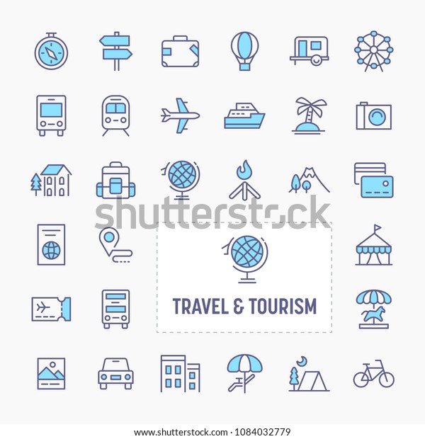 Travel, tourism, vacation and\
recreation - thin line website, application & presentation\
icon. simple and minimal vector icon and illustration\
collection.
