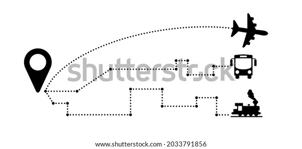 Travel tourism, vacation route, point location\
holiday symbol. Bus, train and airplane route with pin. Line\
pattern. Vector pointer map\
pictogram