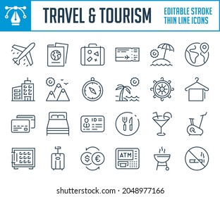 Travel, Tourism and Vacation thin line icons. Holiday and Journey outline icon set. Editable stroke icons.