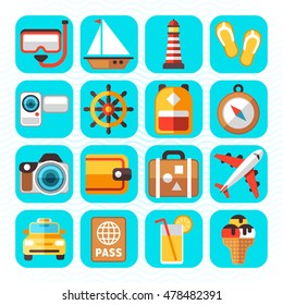 Travel tourism and vacation vector flat icons. Holiday relax, swim to sailboat and diving illustration