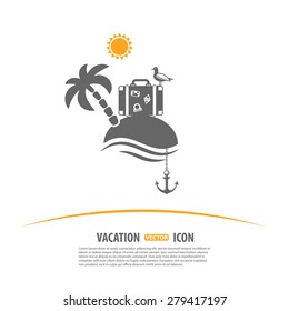 Travel, Tourism and Vacation vector Logo Design Template. Island with Palms, Sun, suitcase, seagull and anchor icons