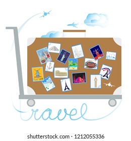 Travel and tourism. A vector illustration of architectural landmarks in the form of stickers on a suitcase.