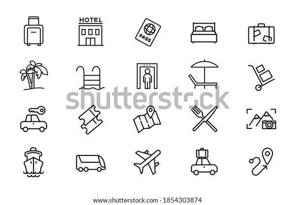 Travel and tourism vector linear icons set. Elements\
tourism outline symbols pack. Collection of travel icons isolated\
contour illustrations. Airplane. Ship. Bus. Car. Vehicle. Passport.\
Hotel. Map