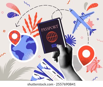 Travel and Tourism. Vintage nostalgic collage with hand holding passport, plane tickets and tourist destination on map. Retro poster related to journey. Cartoon vector illustration in halftone style