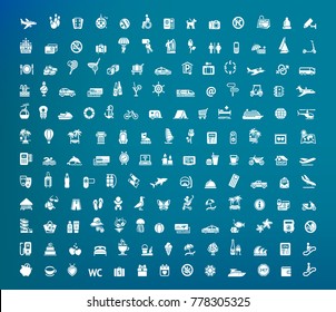 Travel, tourism, voyage, plane, ticket, all vector illustration icons collection, symbol, pictogram, set