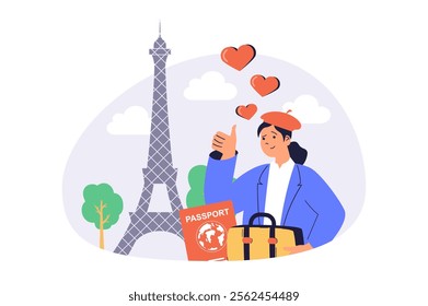 Travel and tourism web concept with flat cartoon people for website design. Woman with suitcase visiting France and enjoying landmarks and architecture, sightseeing Eiffel tower. Vector illustration.