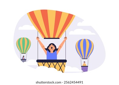 Travel and tourism web concept with flat cartoon people for website design. Happy woman flying in hot air balloon basket in sky with other tourists at summer airship festival. Vector illustration.