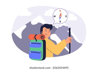 Travel and tourism web concept with flat cartoon people for website design. Man with backpack hiking with compass in mountains and looking at snowy peaks, trekking outdoors. Vector illustration.