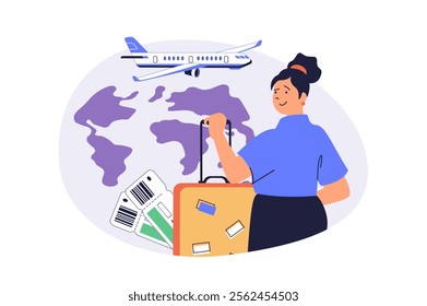 Travel and tourism web concept with flat cartoon people for website design. Woman with luggage booking airline tickets and flying in global trip with visiting new countries. Vector illustration.