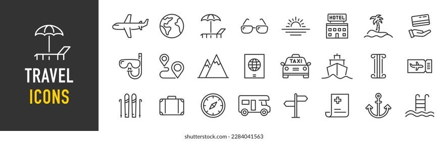 Travel and tourism web icons in line style. Airplane, trip, beach, passport, luggage, camping, hotel, summer vacations, collection. Vector illustration.	