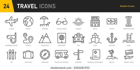 Travel and tourism web icons in line style. Airplane, trip, beach, passport, luggage, camping, hotel, summer vacations, collection. Vector illustration.	