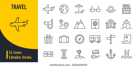 Ícones da Web de viagens e turismo em estilo de linha. Avião, viagem, praia, passaporte, bagagem, camping, hotel, férias de verão, coleção. Ilustração vetorial.	