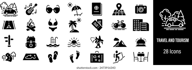 Travel and Tourism Web Icons. Road Trip, Beach, Hotel, Summer Vacations, Camping. Vector in Line Style Icons