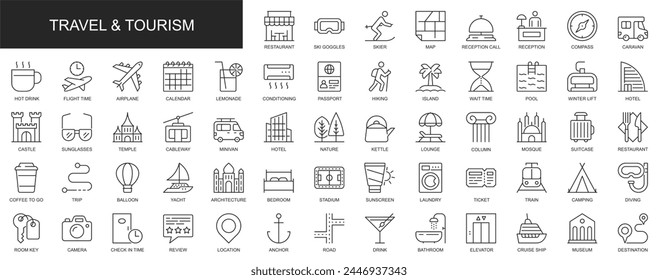 Travel and tourism web icons set in thin line design. Pack of hotel, compass, flight, passport, hiking, lounge, suitcase, trip, camping, ticket, other outline stroke pictograms. Vector illustration.