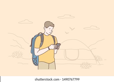 Travel, tourism or weekend concept. Traveler using smartphone, watches videos, writes for a blog or communicates with friends on a mobile phone. Simple flat vector.