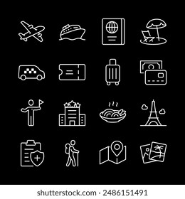Travel and tourism, white line icons. Icons for exploring the world, airplane, cruise ship, taxi, hotel. Perfect for vacation and adventure themes. Symbols on black background. Editable stroke.