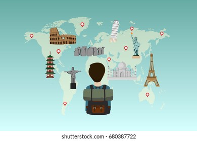 Travel and Tourism with  World Landmarks ,Road trip ,background,Vector Illustration, backpacker