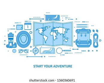 Travel and tourism. World map, earth globe. Trip tour journey, summer holidays. Traveling, exploring worldwide. Adventure expedition. Flat blue outline background. Line art vector illustration.